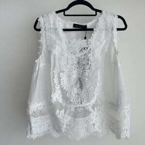 Rich Radi Q's Top Womens Large White Lace Embroidered Tank Vest Boho Elegant